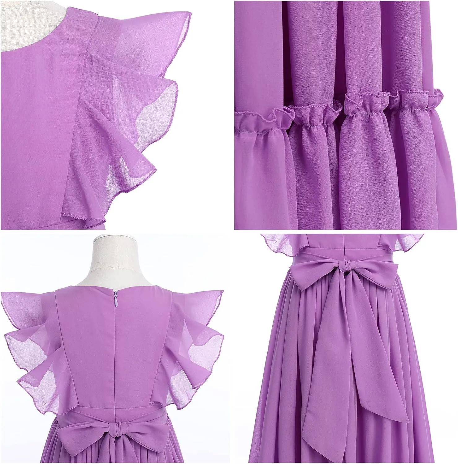 Flower Girl Flowy Ruffle Chiffon Trim A-Line Dress for Kid Wedding Junior Bridesmaid Communion Party Pageant Maxi Belted Gown