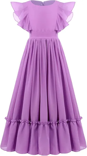 Flower Girl Flowy Ruffle Chiffon Trim A-Line Dress for Kid Wedding Junior Bridesmaid Communion Party Pageant Maxi Belted Gown