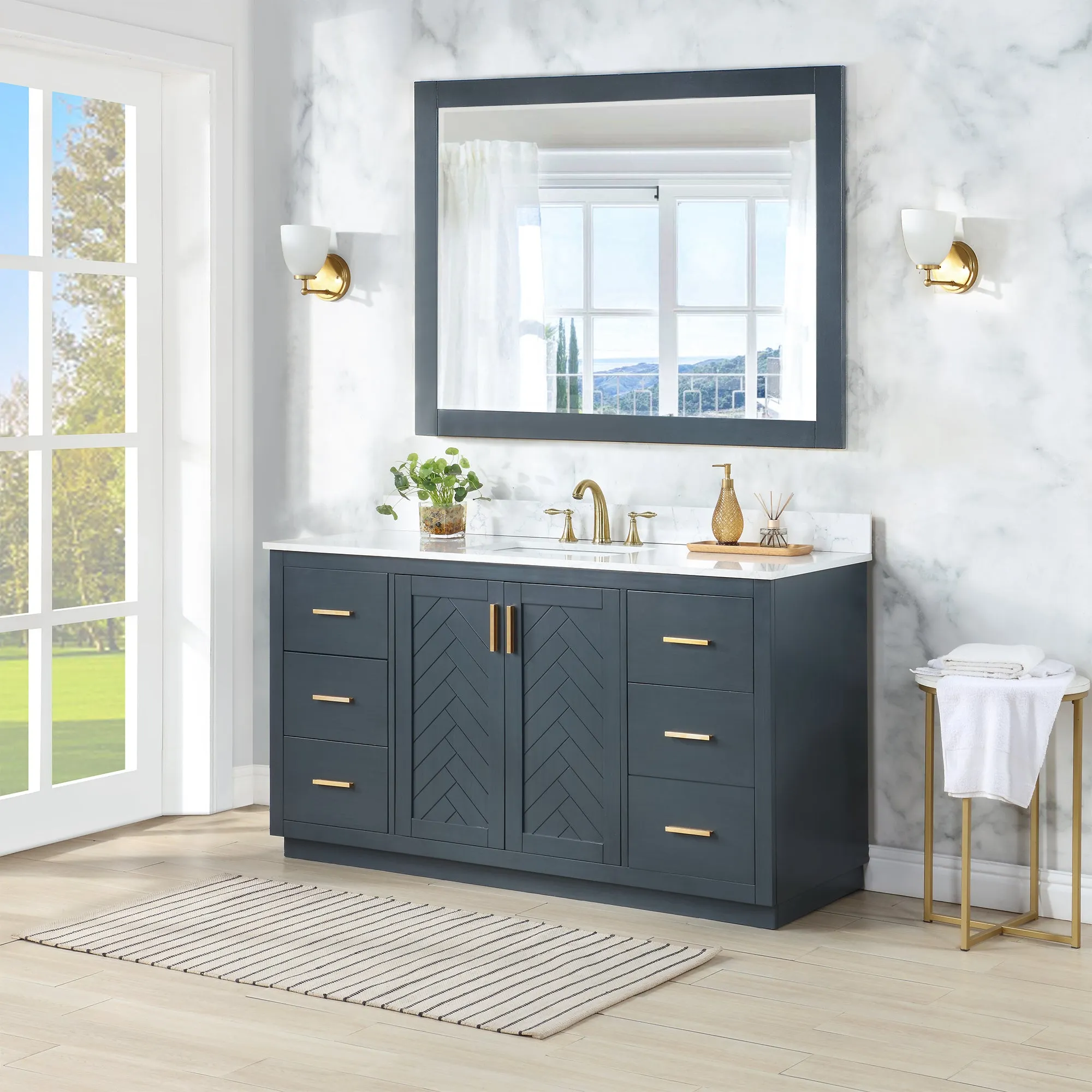 Gazsi 60" Single Bathroom Vanity Set with Grain White Engineered Stone Countertop