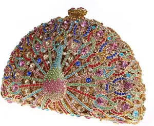 Glitter Women Peacock Crystal Clutch Seashell Handbag Animal Rhinestone Evening Clutch Bridal Purse for Prom Party
