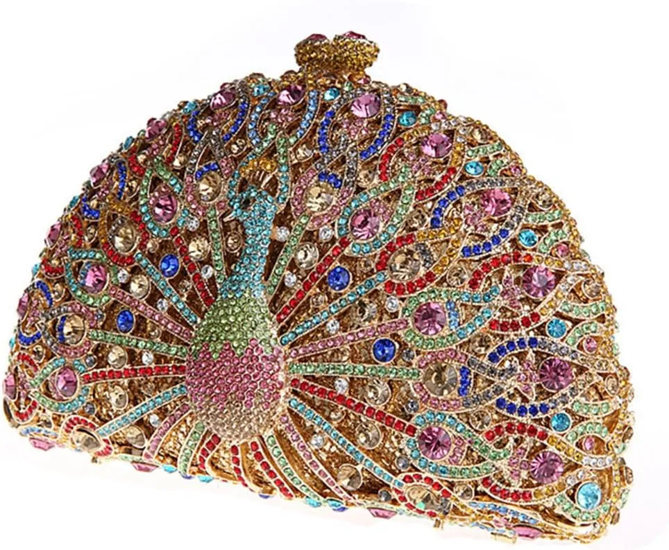 Glitter Women Peacock Crystal Clutch Seashell Handbag Animal Rhinestone Evening Clutch Bridal Purse for Prom Party