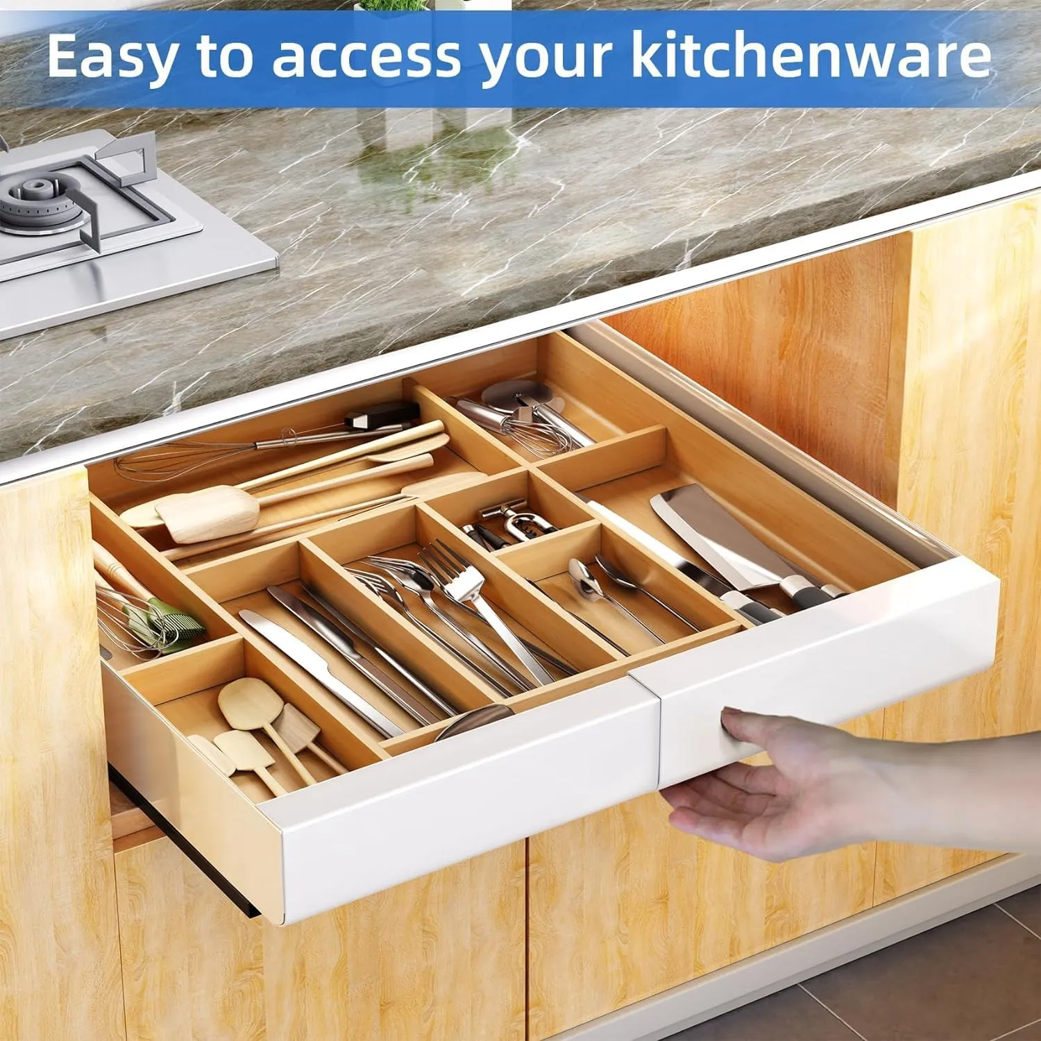 Godboat Pull out Cabinet Organizer, Expandable(11.7"-19.7") Heavy Duty Slide out Drawers Fixed with Adhesive Nano Film, Roll out Shelf Storage for Kitchen Base Cabinet Organization, Pantry, Bathroom