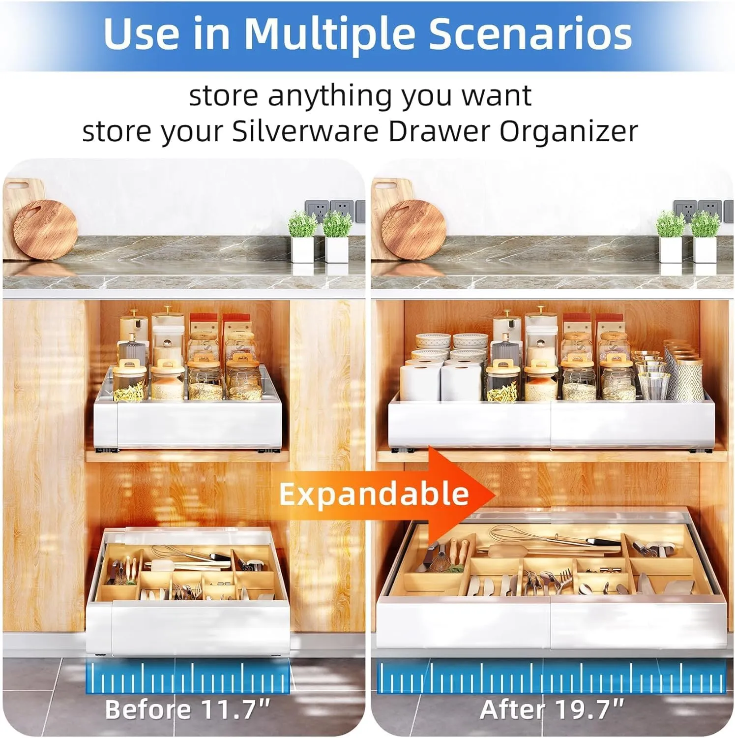 Godboat Pull out Cabinet Organizer, Expandable(11.7"-19.7") Heavy Duty Slide out Drawers Fixed with Adhesive Nano Film, Roll out Shelf Storage for Kitchen Base Cabinet Organization, Pantry, Bathroom