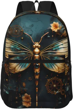 Gold color delicate Dragonfly flower Travel Laptop Backpack, 17 Inch Backpack for Men and Women, Work, Leisure, College, High School Backpack,