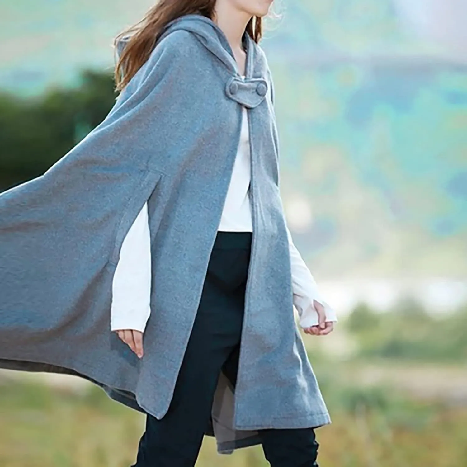 Gothic Hooded Cloak for Women Halloween Solid Open Front Pea Coat Cardigan Midi Batwing Poncho Cape Coat