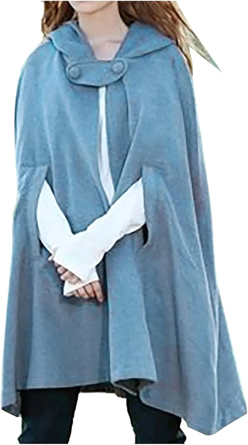 Gothic Hooded Cloak for Women Halloween Solid Open Front Pea Coat Cardigan Midi Batwing Poncho Cape Coat