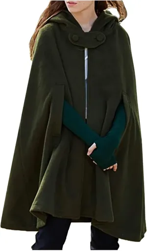 Gothic Hooded Cloak for Women Halloween Solid Open Front Pea Coat Cardigan Midi Batwing Poncho Cape Coat