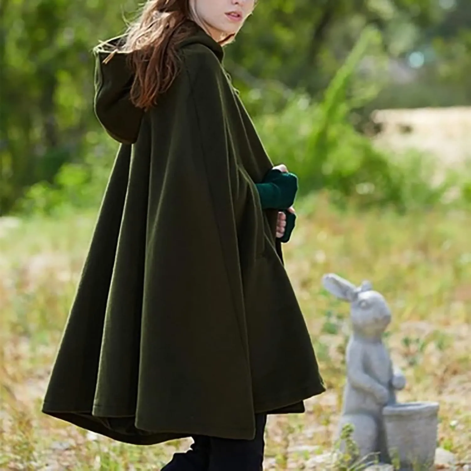 Gothic Hooded Cloak for Women Halloween Solid Open Front Pea Coat Cardigan Midi Batwing Poncho Cape Coat