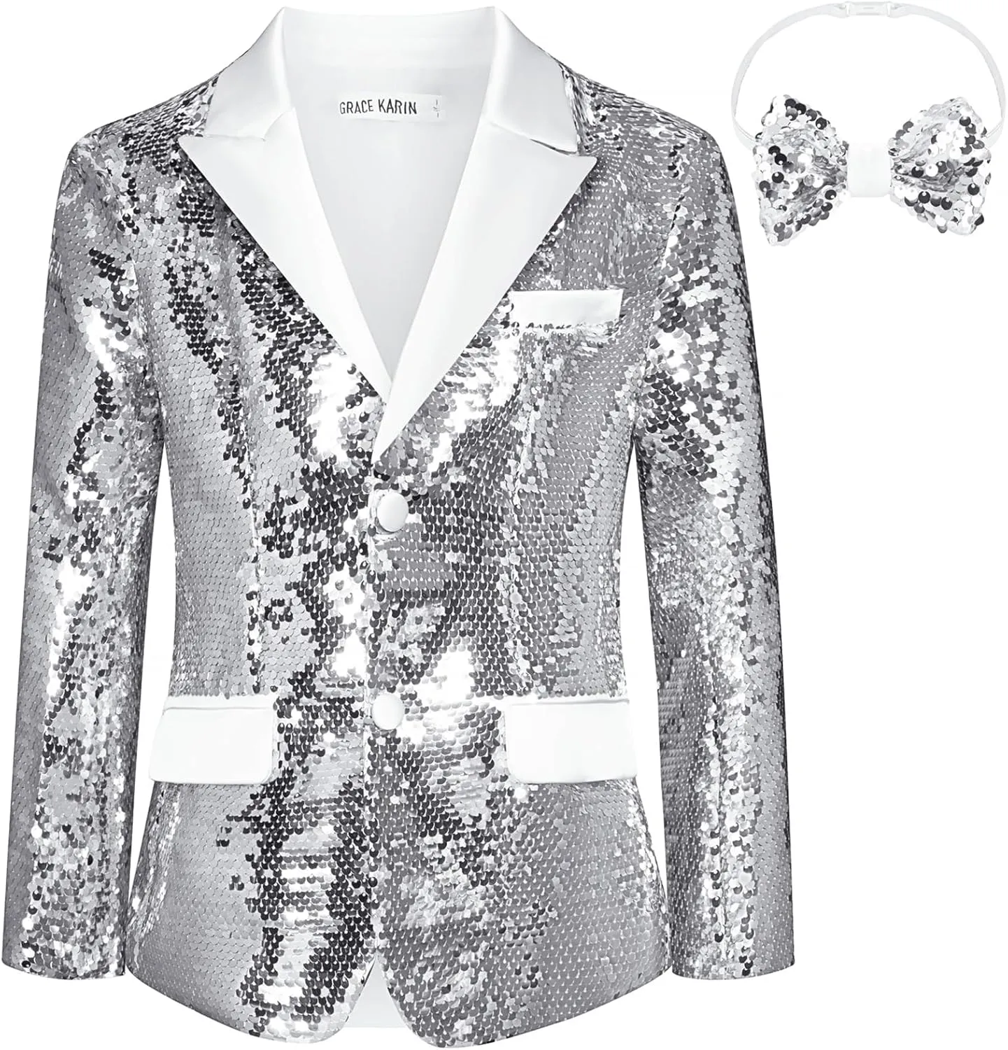 GRACE KARIN Boys Sequins Blazers Slim Fit Glitter Suit Jacket Formal Blazer for Party Prom 5-14 Years
