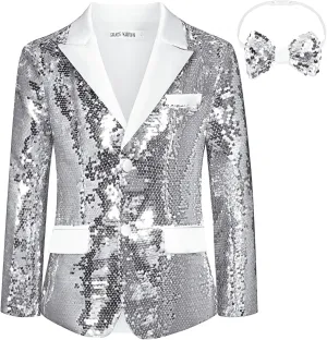 GRACE KARIN Boys Sequins Blazers Slim Fit Glitter Suit Jacket Formal Blazer for Party Prom 5-14 Years