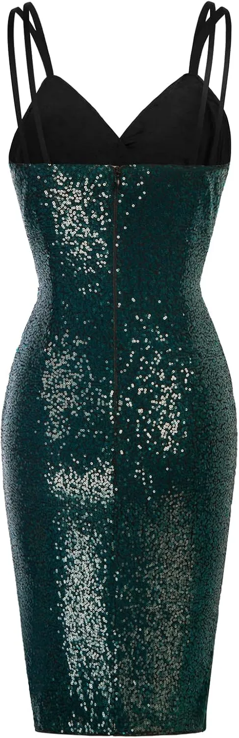 GRACE KARIN Women's Sexy Sequin Sparkly Glitter Ruched Party Club Dress Spaghetti Straps Wrap V-Neck Bodycon Dress