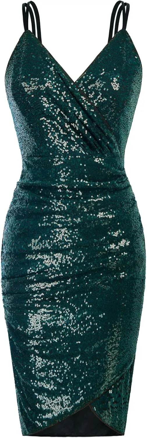 GRACE KARIN Women's Sexy Sequin Sparkly Glitter Ruched Party Club Dress Spaghetti Straps Wrap V-Neck Bodycon Dress