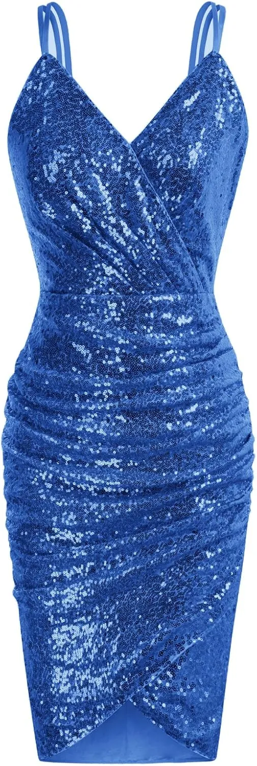 GRACE KARIN Women's Sexy Sequin Sparkly Glitter Ruched Party Club Dress Spaghetti Straps Wrap V-Neck Bodycon Dress