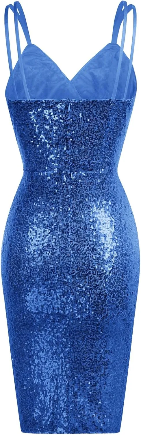 GRACE KARIN Women's Sexy Sequin Sparkly Glitter Ruched Party Club Dress Spaghetti Straps Wrap V-Neck Bodycon Dress