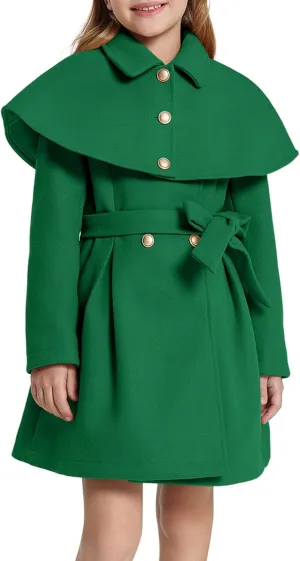 Haloumoning Girls Faux Fur Dress Coat Kids Winter Princess Warm Long Jackets with Belt and Removable Cape 5-14 Years