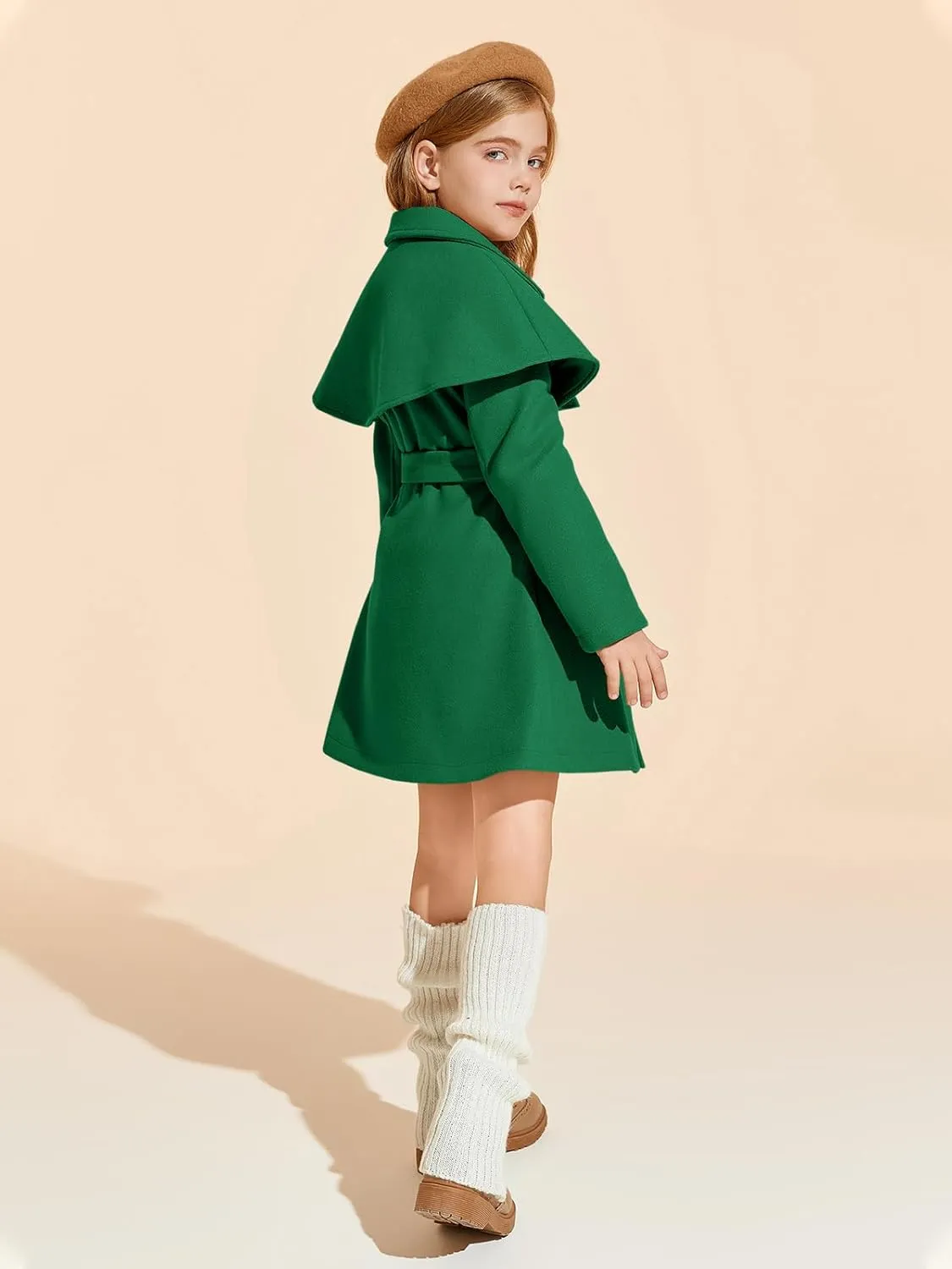 Haloumoning Girls Faux Fur Dress Coat Kids Winter Princess Warm Long Jackets with Belt and Removable Cape 5-14 Years