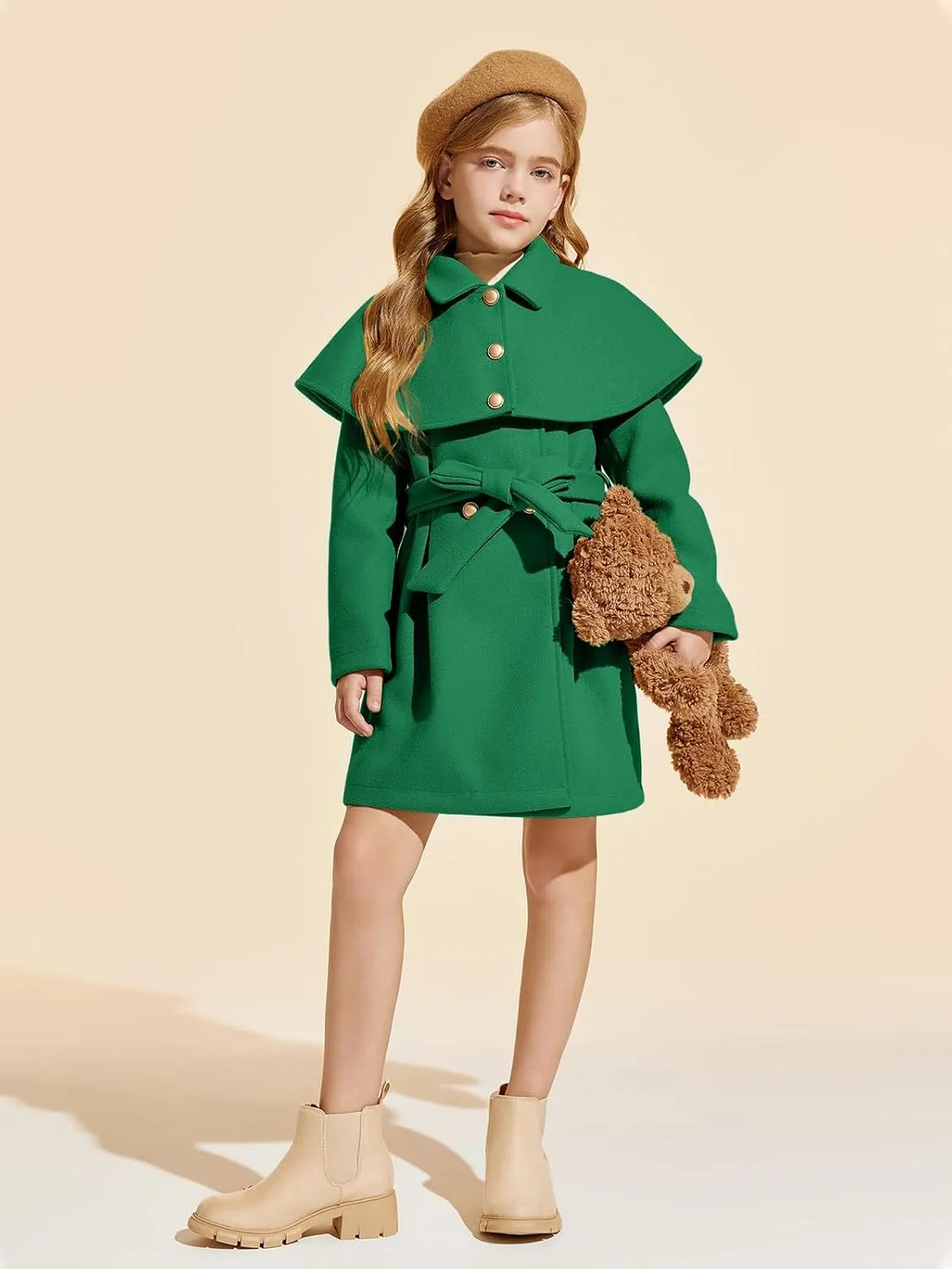 Haloumoning Girls Faux Fur Dress Coat Kids Winter Princess Warm Long Jackets with Belt and Removable Cape 5-14 Years