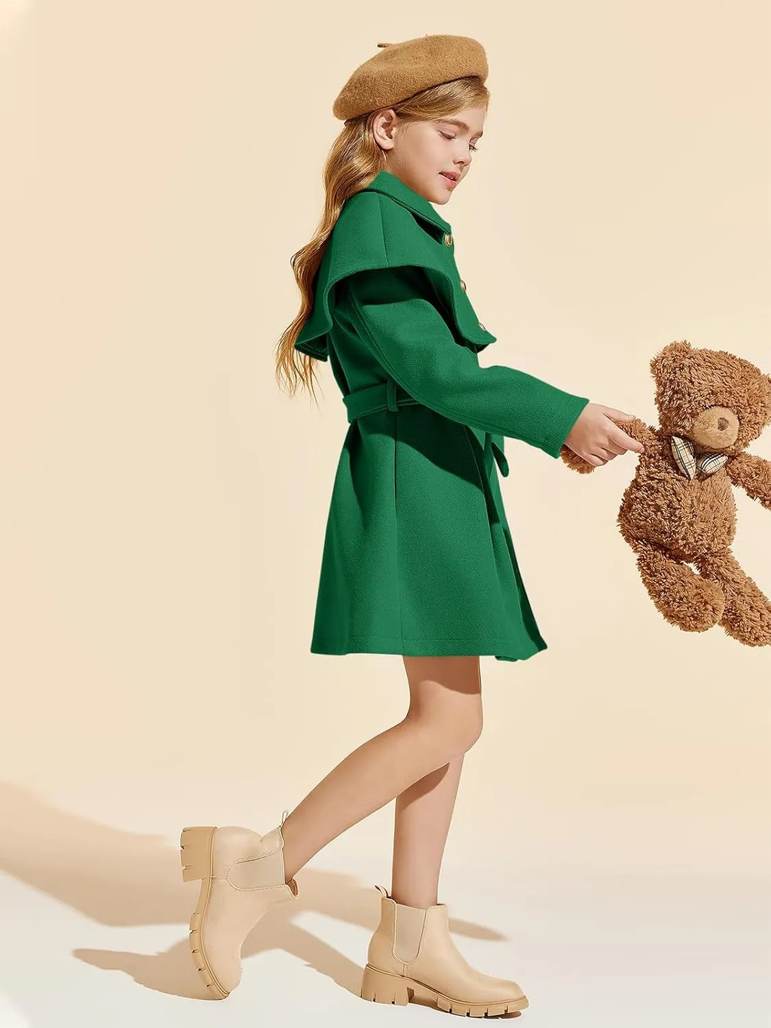 Haloumoning Girls Faux Fur Dress Coat Kids Winter Princess Warm Long Jackets with Belt and Removable Cape 5-14 Years