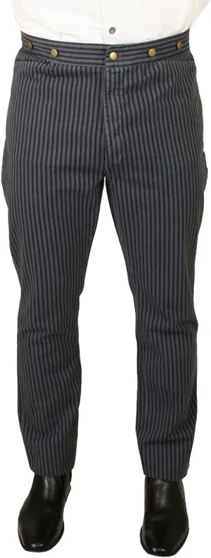 Historical Emporium Men's High Waist Edgar Striped Cotton Work Trousers, Victorian Western Pants with Suspender Buttons