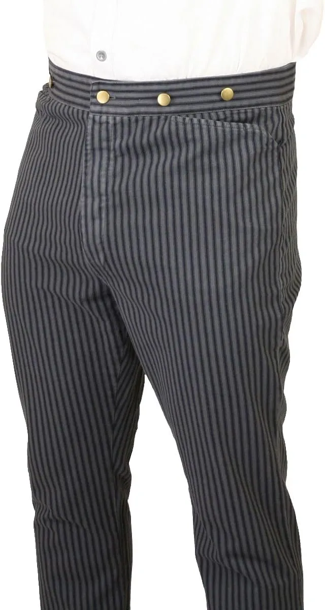 Historical Emporium Men's High Waist Edgar Striped Cotton Work Trousers, Victorian Western Pants with Suspender Buttons