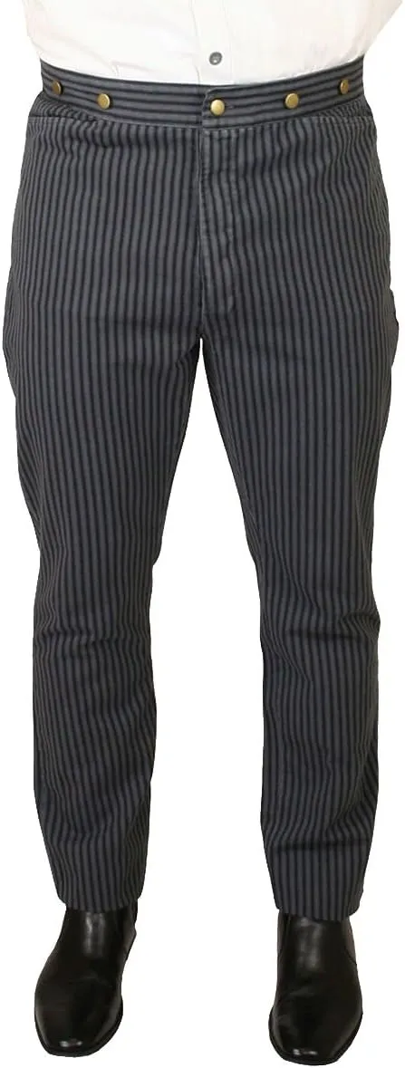 Historical Emporium Men's High Waist Edgar Striped Cotton Work Trousers, Victorian Western Pants with Suspender Buttons