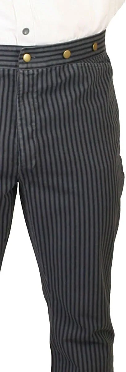 Historical Emporium Men's High Waist Edgar Striped Cotton Work Trousers, Victorian Western Pants with Suspender Buttons