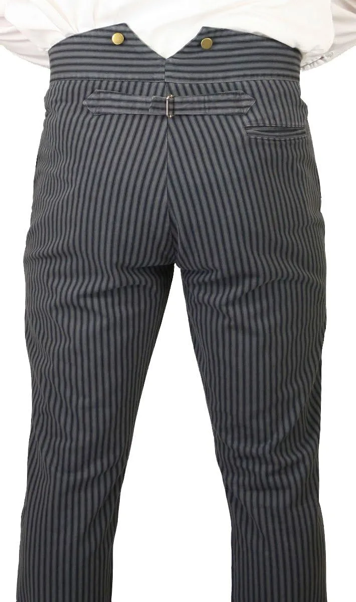 Historical Emporium Men's High Waist Edgar Striped Cotton Work Trousers, Victorian Western Pants with Suspender Buttons