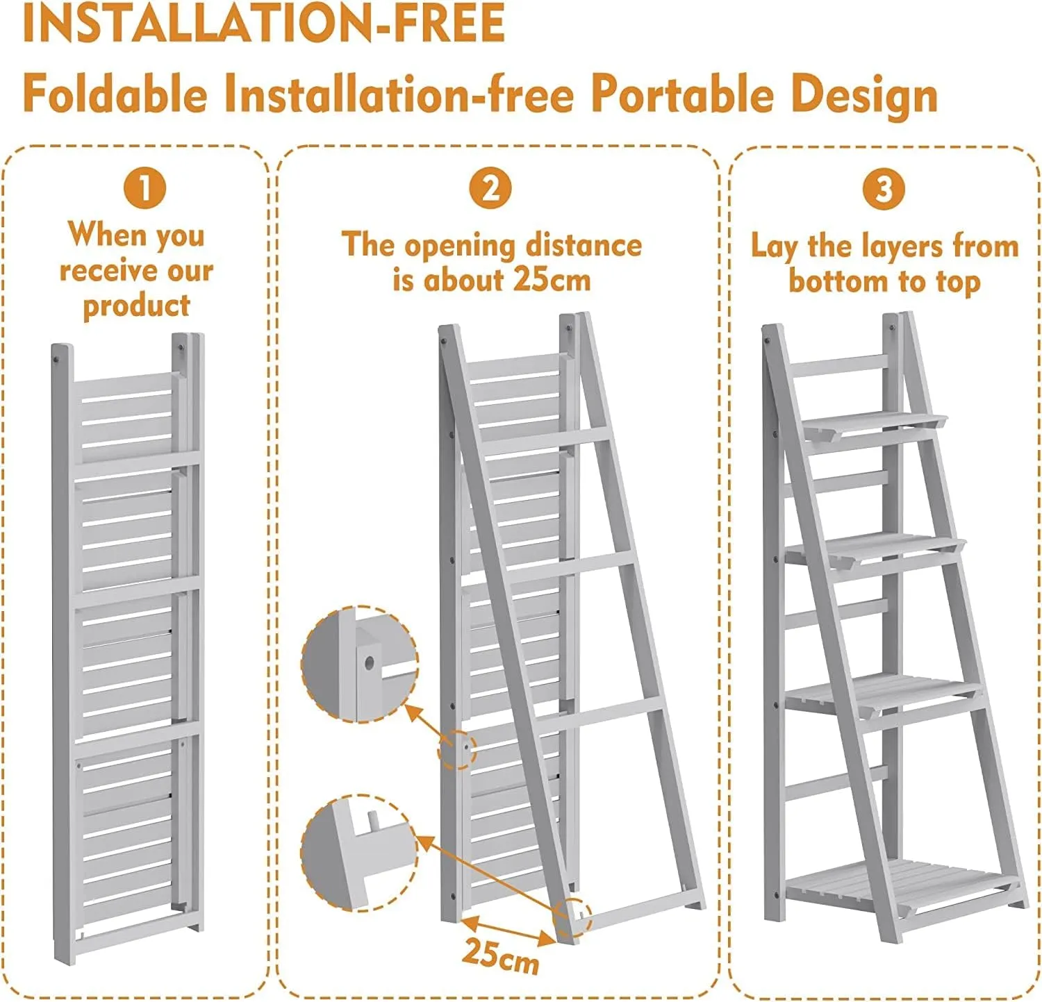 HOMIDEC Plant Stand, 4 Tier Wooden Ladder Shelf Foldable Display Plant Stands, Free Installation Plant Stands Indoor Shelves for Garden Balcony, Grey