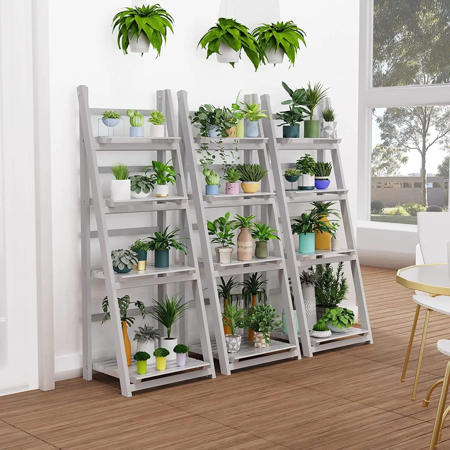 HOMIDEC Plant Stand, 4 Tier Wooden Ladder Shelf Foldable Display Plant Stands, Free Installation Plant Stands Indoor Shelves for Garden Balcony, Grey