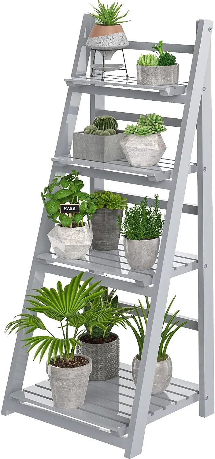 HOMIDEC Plant Stand, 4 Tier Wooden Ladder Shelf Foldable Display Plant Stands, Free Installation Plant Stands Indoor Shelves for Garden Balcony, Grey