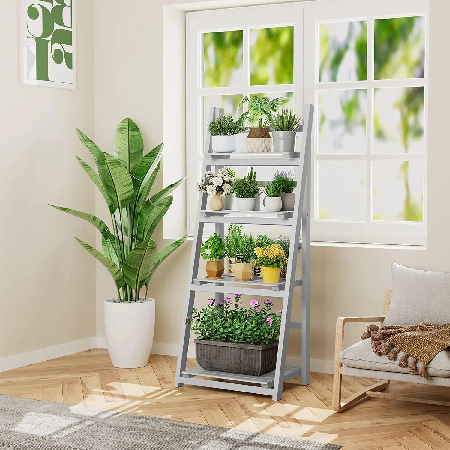 HOMIDEC Plant Stand, 4 Tier Wooden Ladder Shelf Foldable Display Plant Stands, Free Installation Plant Stands Indoor Shelves for Garden Balcony, Grey