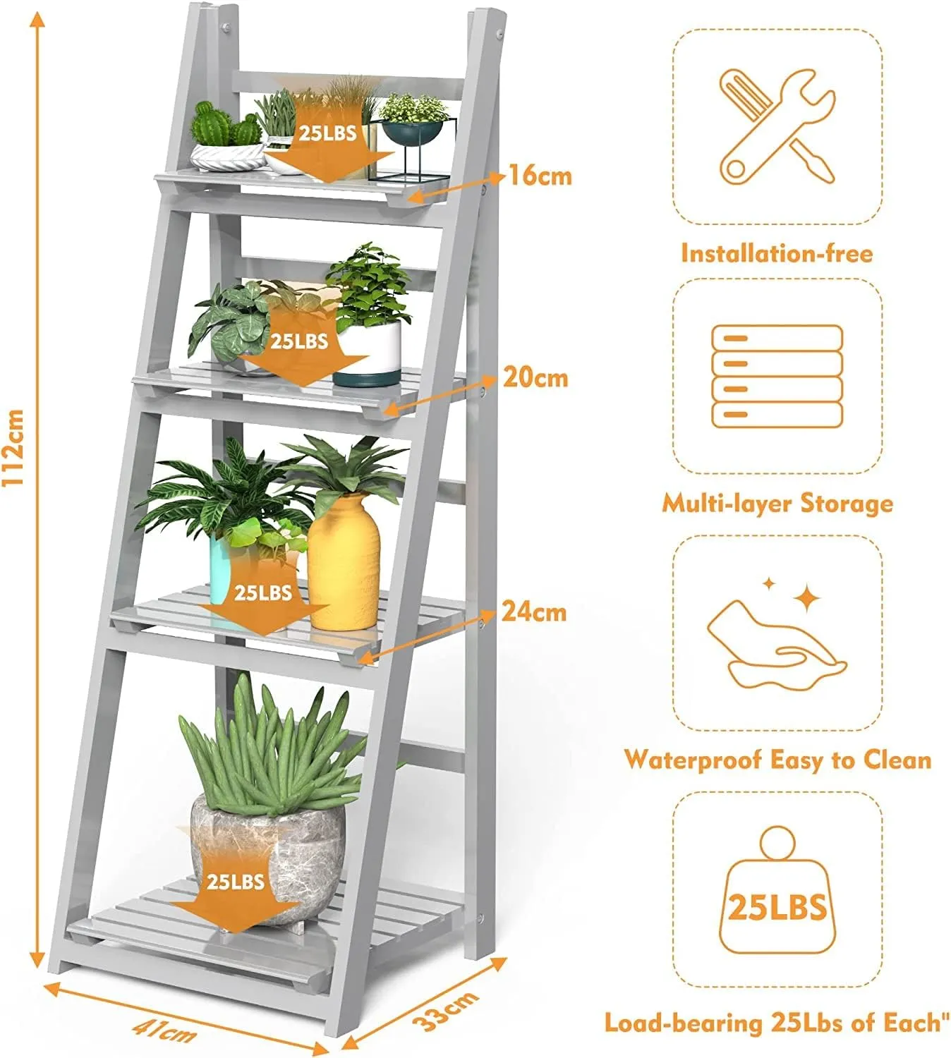 HOMIDEC Plant Stand, 4 Tier Wooden Ladder Shelf Foldable Display Plant Stands, Free Installation Plant Stands Indoor Shelves for Garden Balcony, Grey