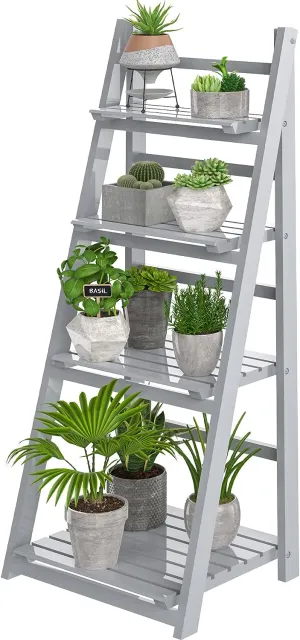 HOMIDEC Plant Stand, 4 Tier Wooden Ladder Shelf Foldable Display Plant Stands, Free Installation Plant Stands Indoor Shelves for Garden Balcony, Grey