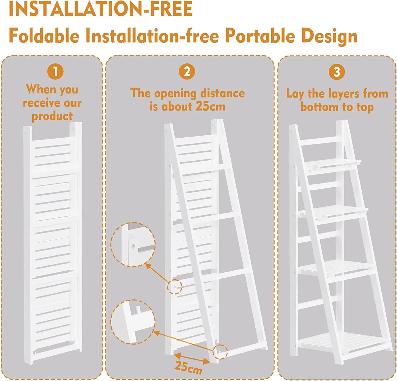 HOMIDEC Plant Stand, 4 Tier Wooden Ladder Shelf Free Installation Display Shelf, Foldable Plant Stands Indoor Shelves for Garden Living Room, White