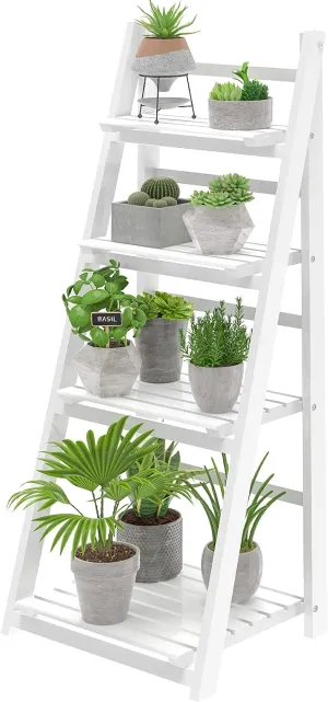 HOMIDEC Plant Stand, 4 Tier Wooden Ladder Shelf Free Installation Display Shelf, Foldable Plant Stands Indoor Shelves for Garden Living Room, White
