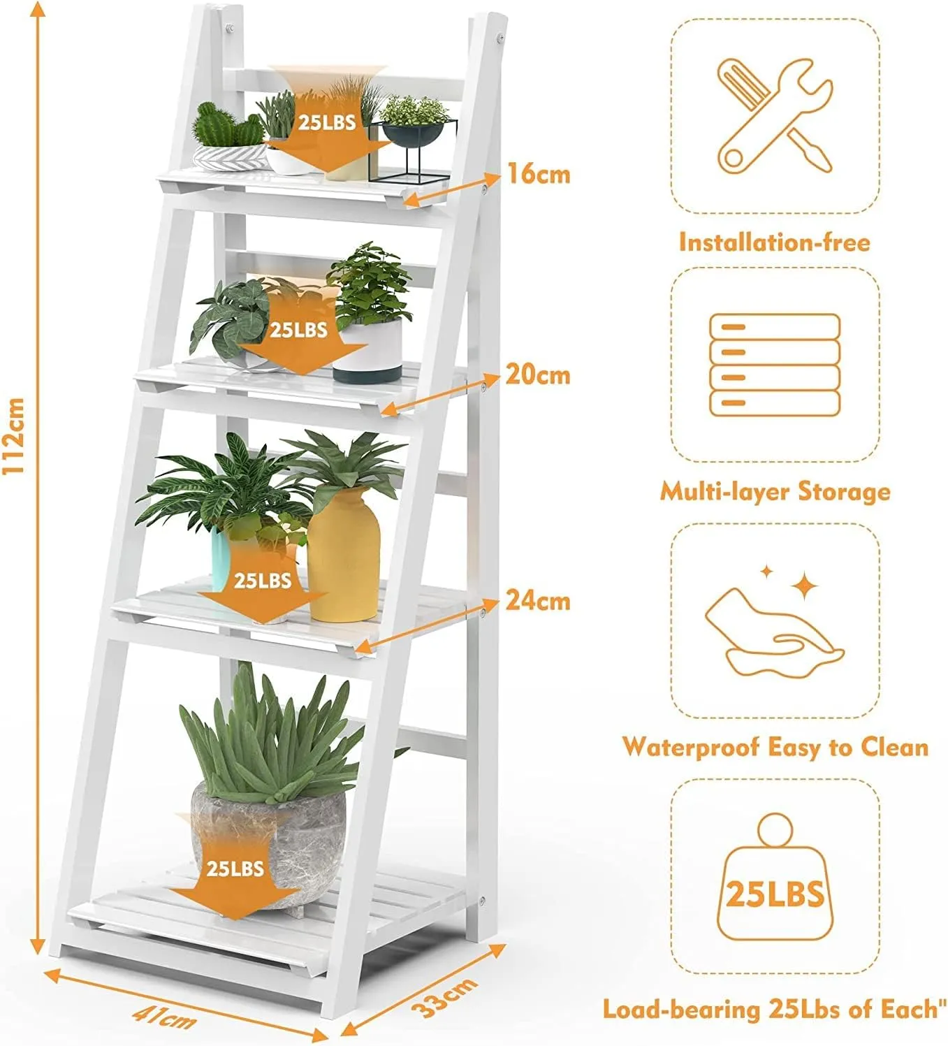 HOMIDEC Plant Stand, 4 Tier Wooden Ladder Shelf Free Installation Display Shelf, Foldable Plant Stands Indoor Shelves for Garden Living Room, White