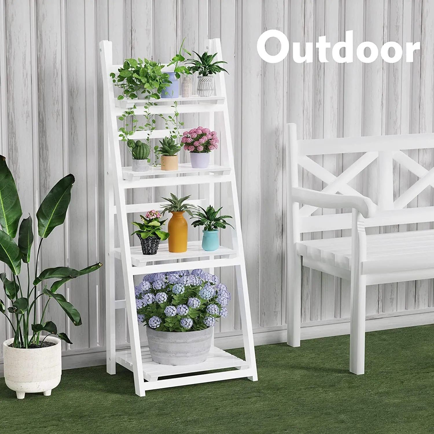 HOMIDEC Plant Stand, 4 Tier Wooden Ladder Shelf Free Installation Display Shelf, Foldable Plant Stands Indoor Shelves for Garden Living Room, White