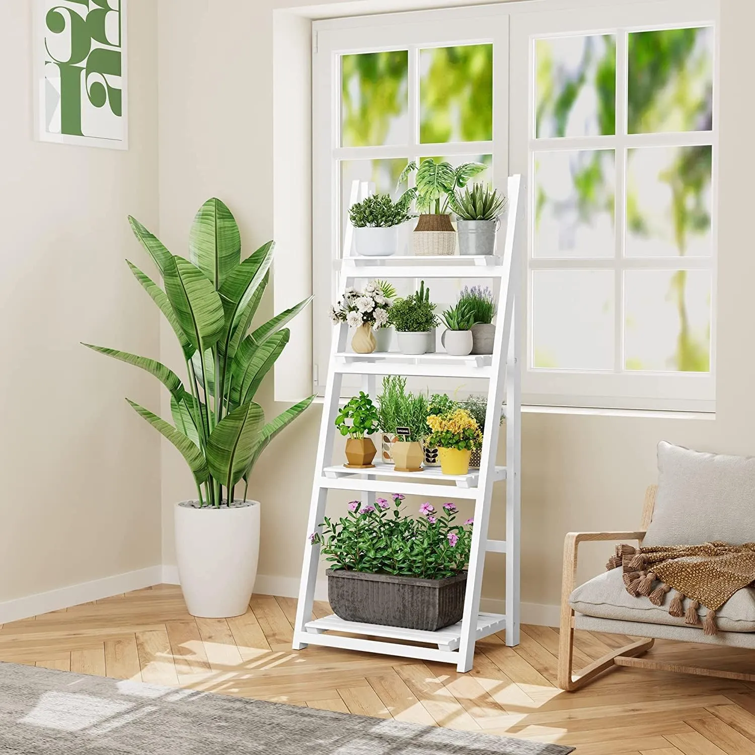 HOMIDEC Plant Stand, 4 Tier Wooden Ladder Shelf Free Installation Display Shelf, Foldable Plant Stands Indoor Shelves for Garden Living Room, White