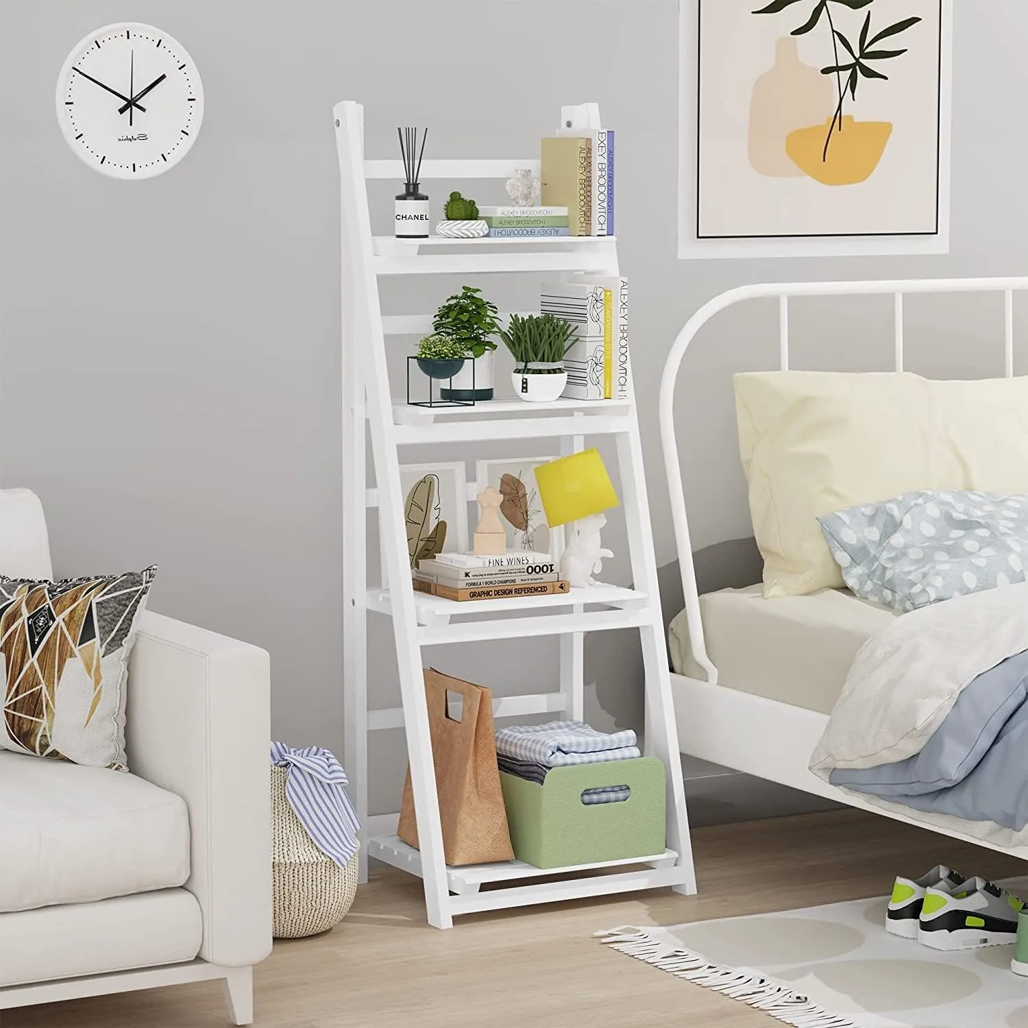 HOMIDEC Plant Stand, 4 Tier Wooden Ladder Shelf Free Installation Display Shelf, Foldable Plant Stands Indoor Shelves for Garden Living Room, White