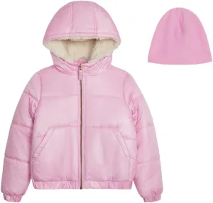 Jessica Simpson Girls' Puffer Jacket with Cozy Lined Hood and Matching Beanie