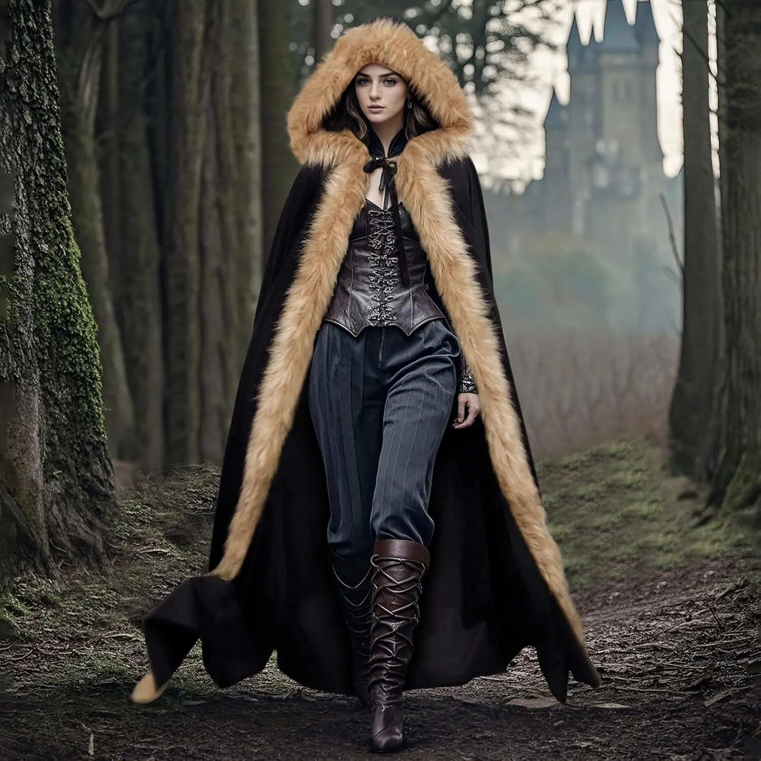 Joukavor Viking Fur Hooded Cloak Medieval Velvet Cape with Hood for Halloween