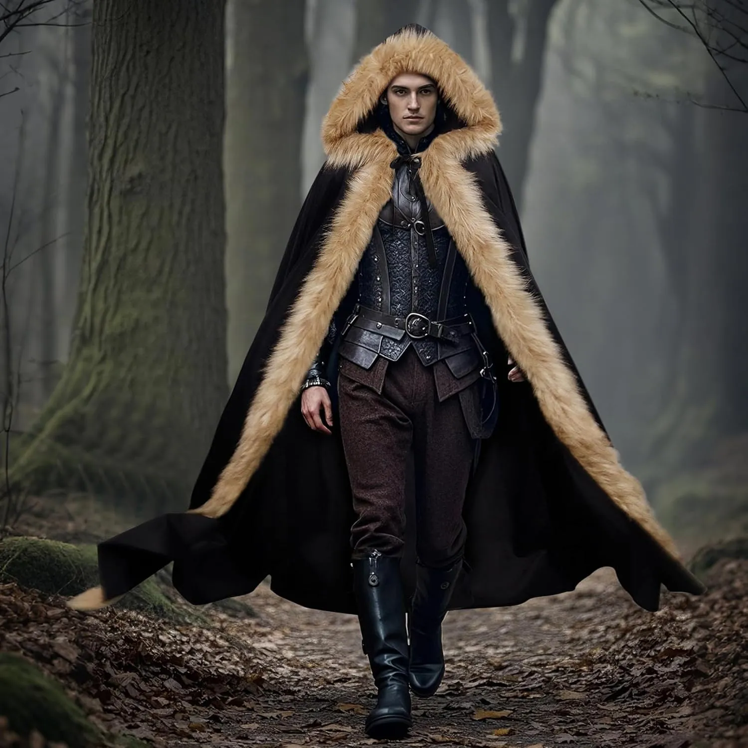 Joukavor Viking Fur Hooded Cloak Medieval Velvet Cape with Hood for Halloween