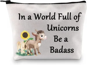 JXGZSO Funny Farm Horse Cosmetic Bag In a World Full of Unicorns be a Badass Donkey Makeup Bag Donkey Lover Gift