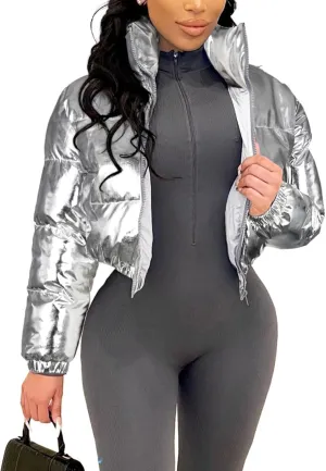 KANSOON Women's Cropped Puffer Jacket Winter Shiny Zip Up Padded Warm Quilted Jackets Short Down Coats