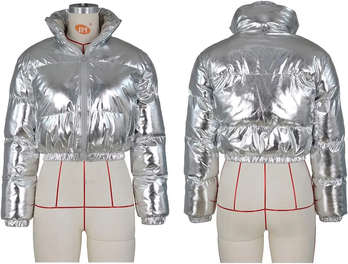 KANSOON Women's Cropped Puffer Jacket Winter Shiny Zip Up Padded Warm Quilted Jackets Short Down Coats