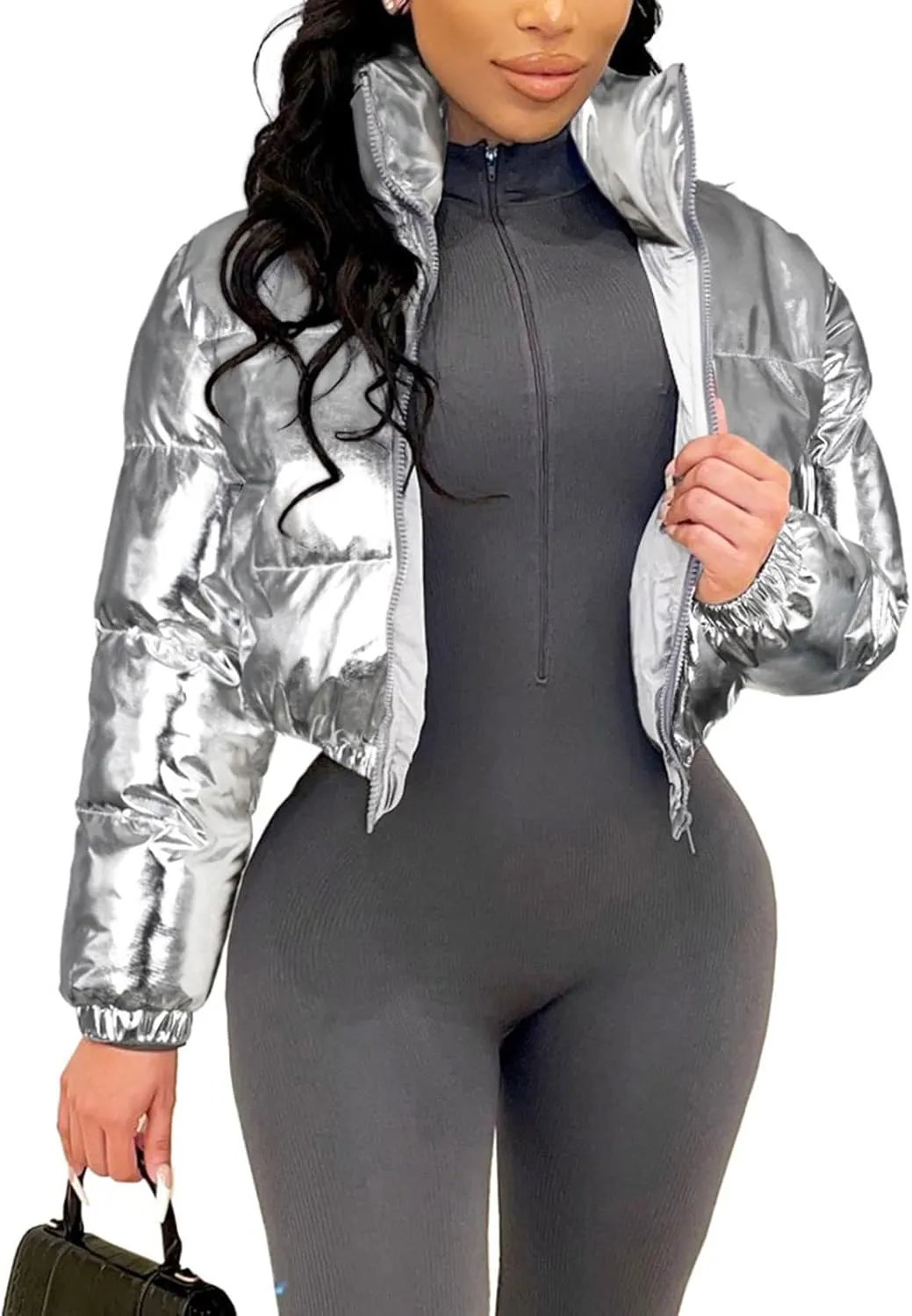 KANSOON Women's Cropped Puffer Jacket Winter Shiny Zip Up Padded Warm Quilted Jackets Short Down Coats