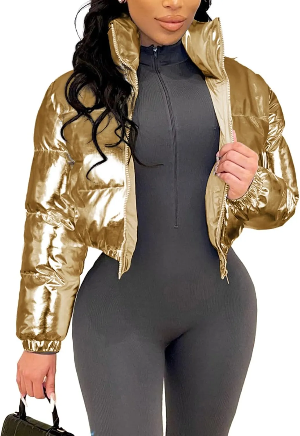 KANSOON Women's Cropped Puffer Jacket Winter Shiny Zip Up Padded Warm Quilted Jackets Short Down Coats