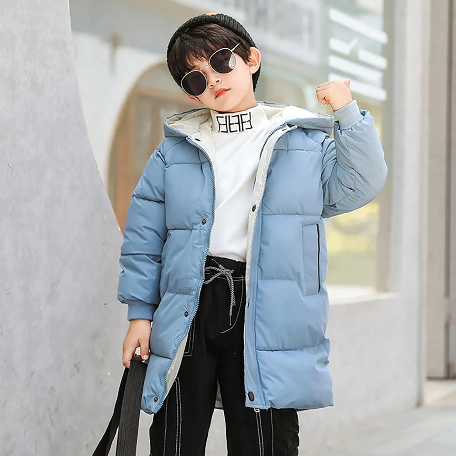 Kids Girls Down Jacket Solid Long Cotton Puffer Padded Coat Baby Thicken Hoodie Jacket Toddler Boys Winter Outwear
