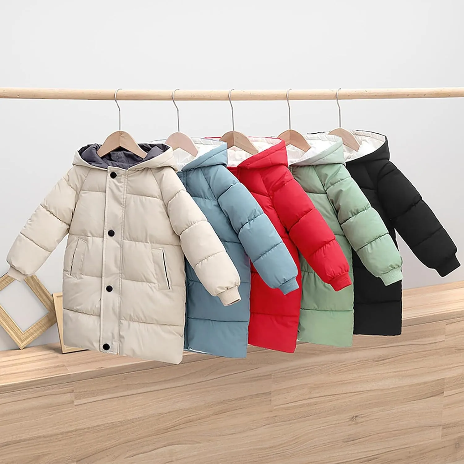 Kids Girls Down Jacket Solid Long Cotton Puffer Padded Coat Baby Thicken Hoodie Jacket Toddler Boys Winter Outwear
