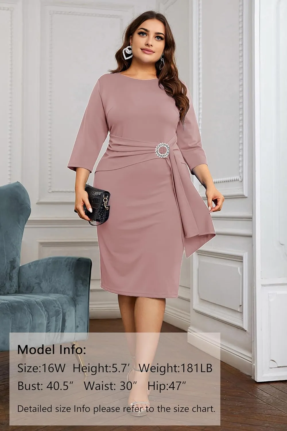 KIMCURVY Women's Plus Size 3/4 Sleeve Dress Evening Pencil Dress for Business Cocktail Party with Revomable Rhinestone